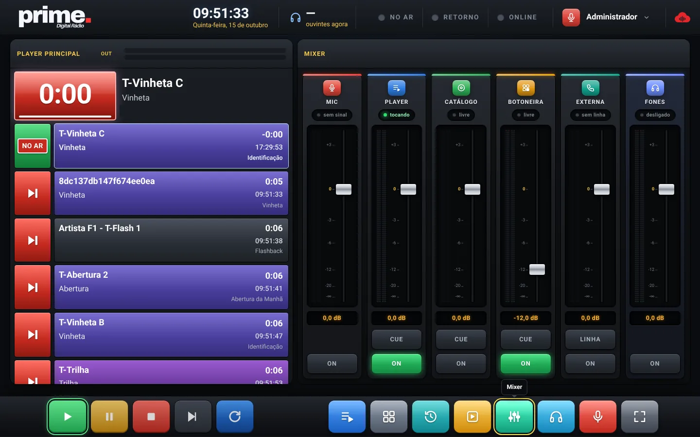 Tela do ar com o mixer aberto: microfone, player, catálogo, botoneira e entrada externa