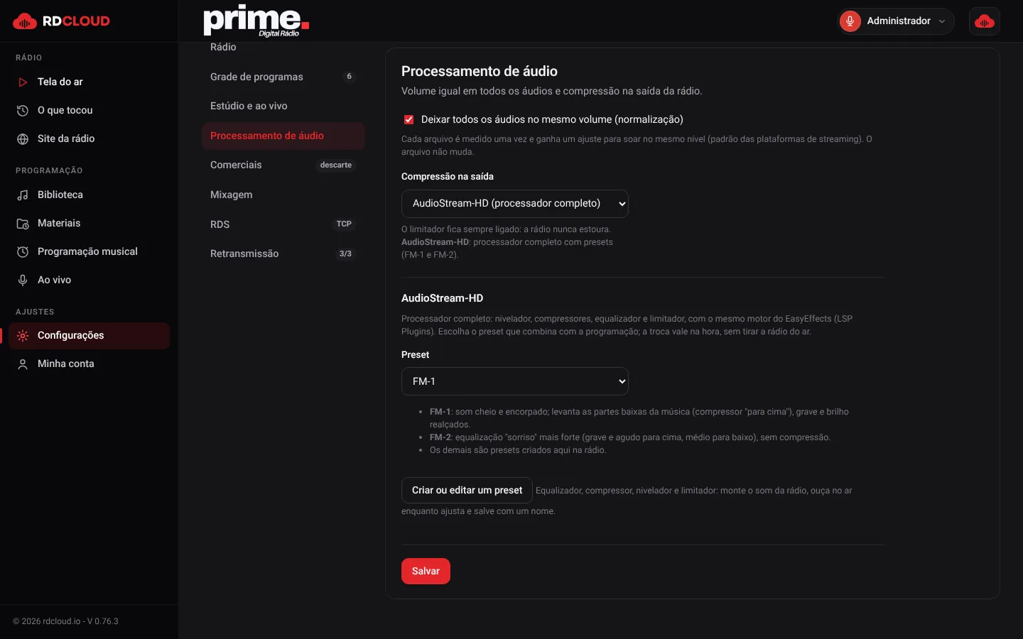 Processamento de áudio com o Processador HD e o preset FM-1